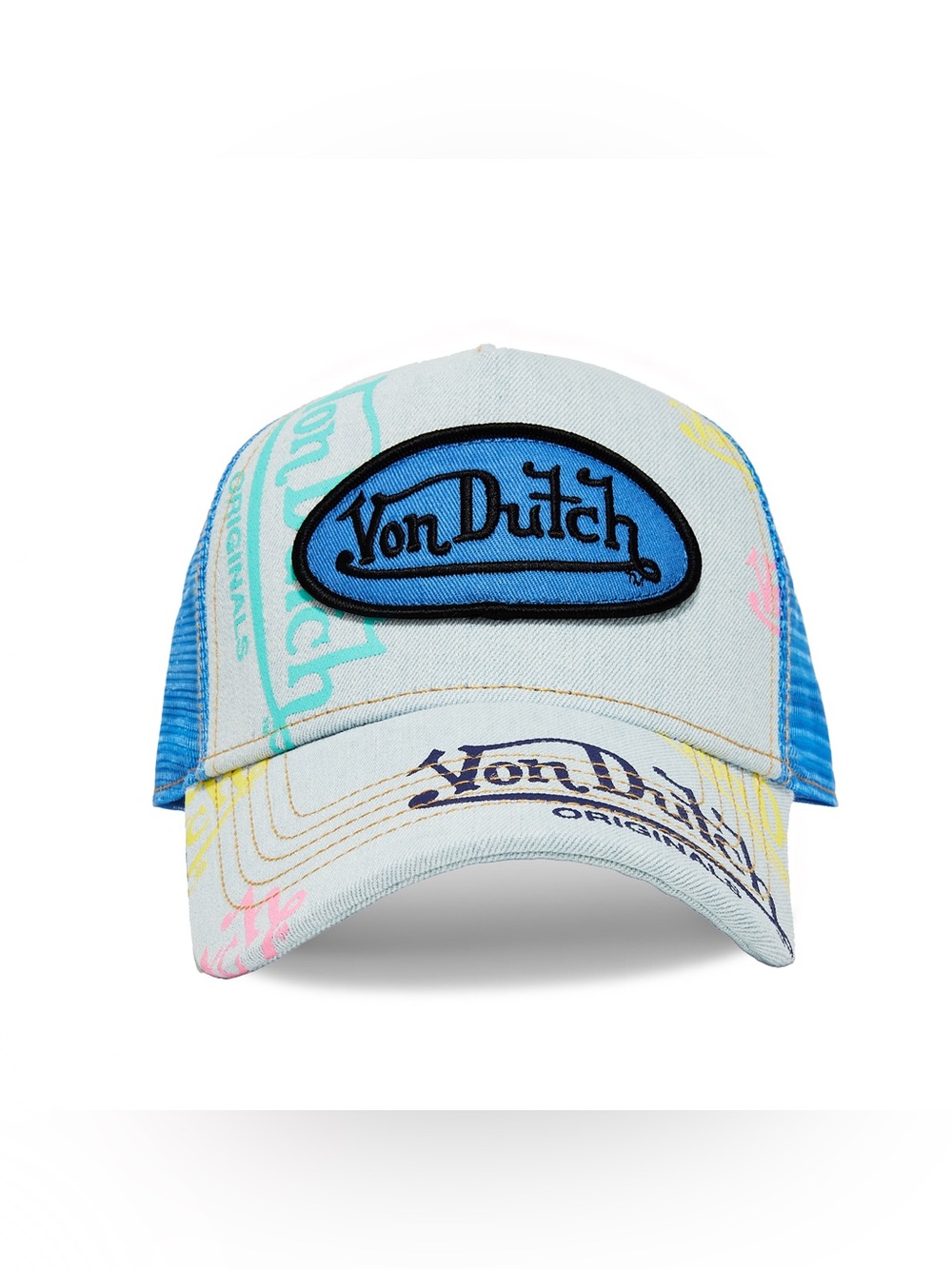 🆕 Von Dutch Light Denim Blue Logo Trucker Hat Mesh Snapback Cap BNWT